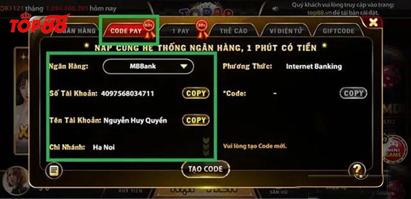 Hướng dẫn cách nạp tiền Top88 bằng internet banking mới nhất 