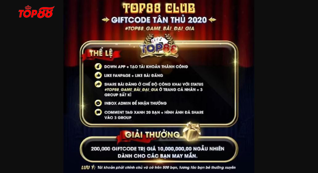 Code tân thủ Top88 - Hướng dẫn cách tham gia và nạp giftcode nhanh chóng